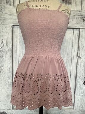 Sim & Sam Mauve Smocked Top Tank Top with Eyelet Trim Detail- Women's Size- S